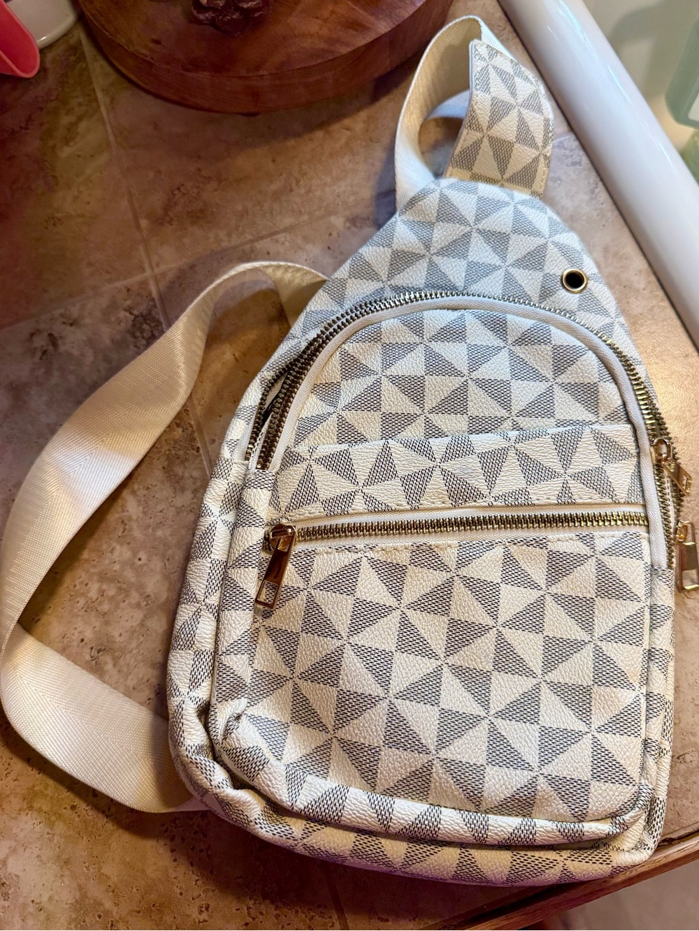 Geometric Pattern Cream Crossbody Sling Bag